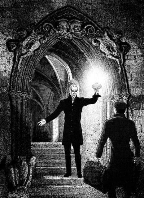 El Conde Drácula recibiendo a su abogador Jonathan Harker en la entrada al castillo. Ilustración de John Coulthart.